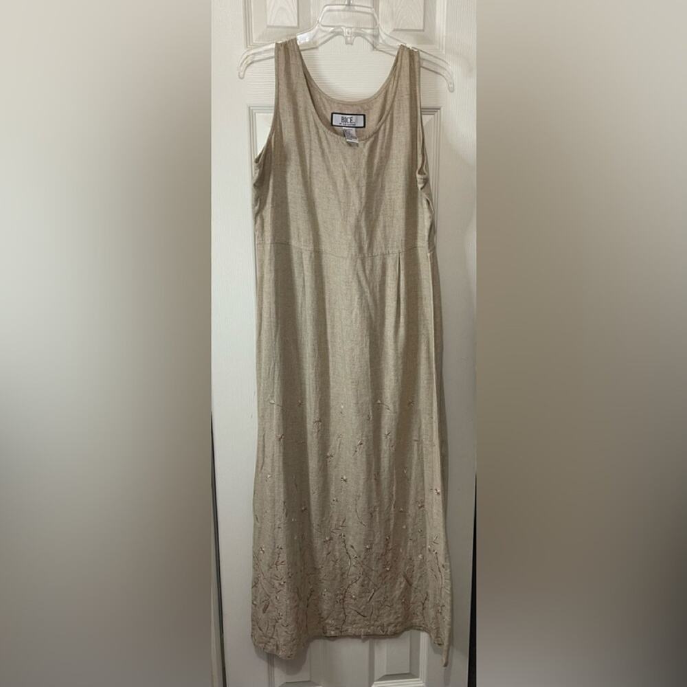 Tan Linen Blend Vintage Lagenlook Sleeveless Embroidered Maxi Dress M